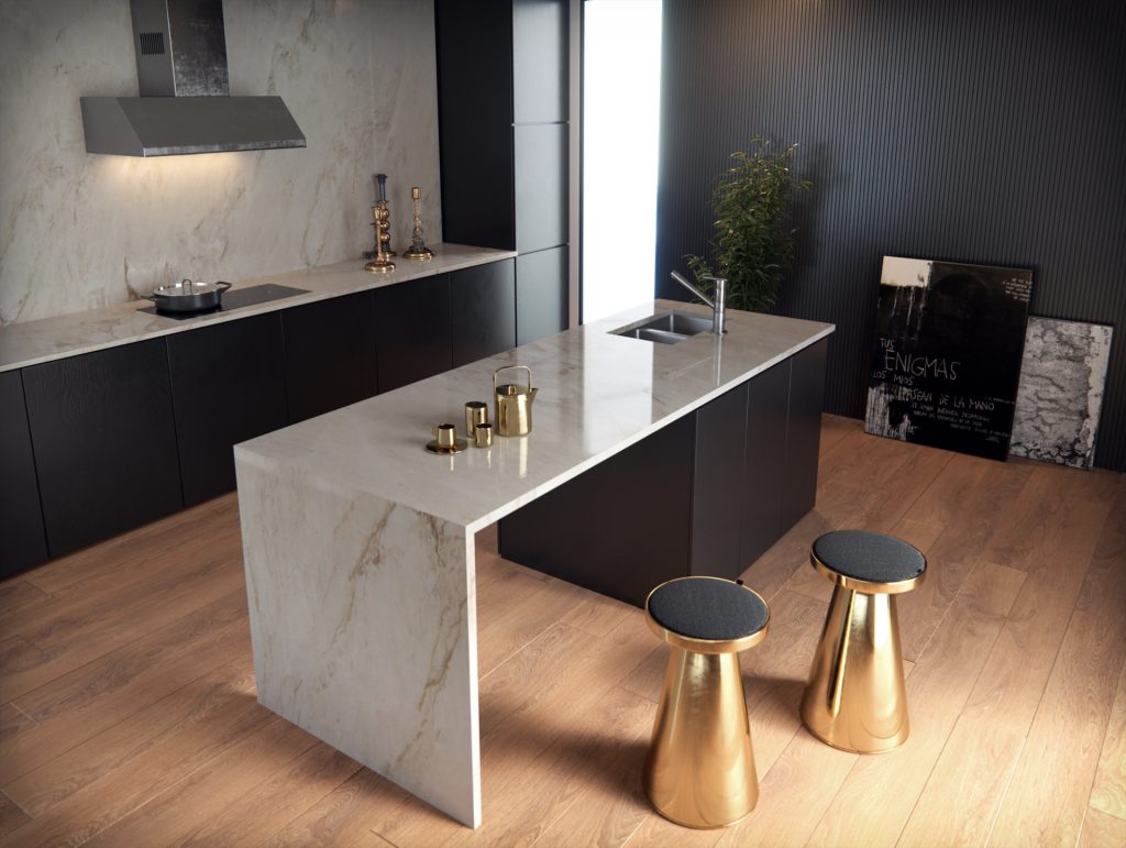 Sensa granite kitchen island in white with contrasting black unit and gold stools in foreground