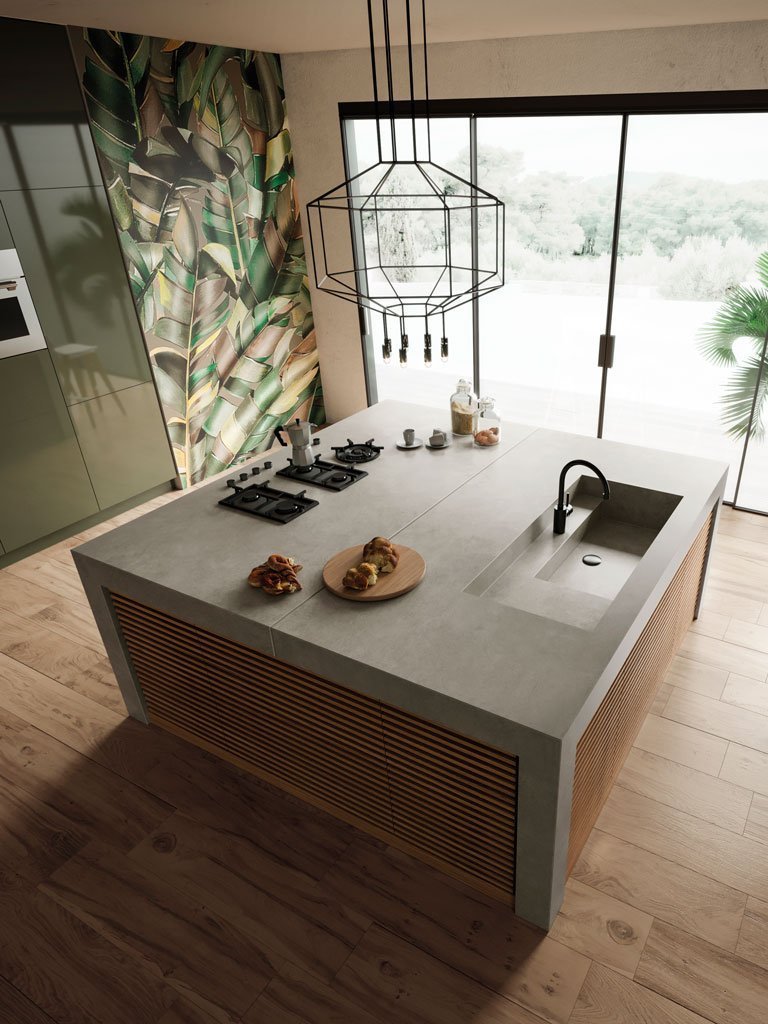 Concrete-effect worktops like this Concrete Grey create an organic look.