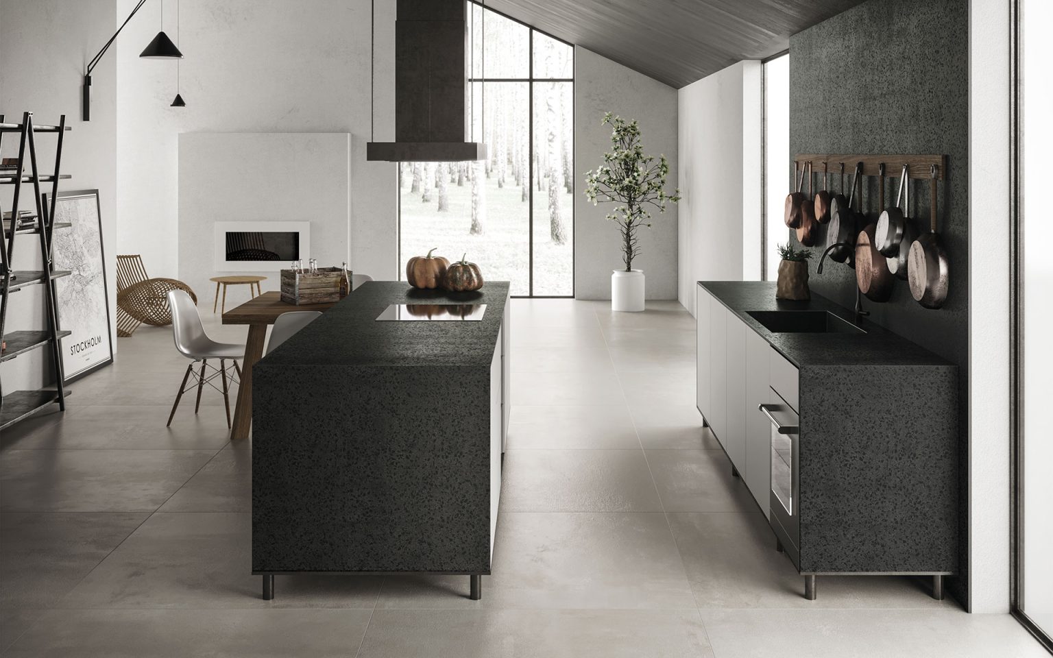 Terrazzo black granular worktops and kitchen island in a minimalist light grey kitchen