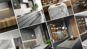 This image showcases the marble-effect, stone-effect, concrete-effect, solid-coloured, industrial chic, and terrazzo worktops seamlessly blended into a luxurious and cohesive design.