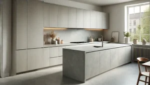 Concrete-look worktops, kitchen island and cabinet doors in a minimalist modern kitchen with matching floors and walls.