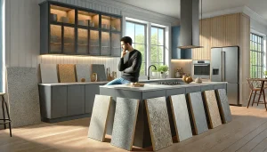 a modern kitchen highlighting various high-quality, durable materials for kitchen counters. The image captures the challenge of choosing the right worktop while emphasizing the importance of durability and aesthetic appeal in kitchen design.