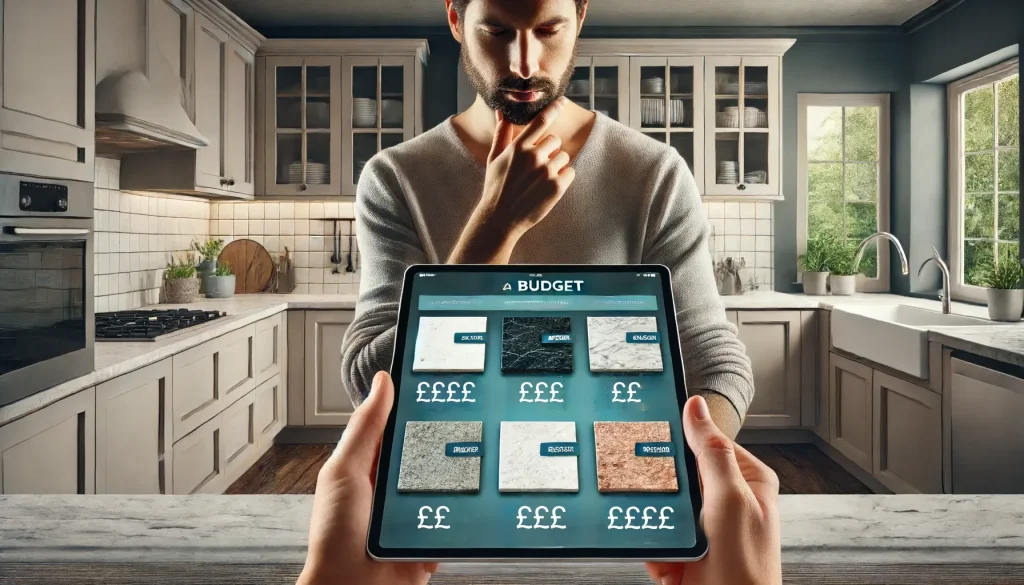 illustration of setting a budget for choosing the perfect kitchen worktop. The image highlights the importance of balancing quality, style, and budget, showing a person using a budgeting app to compare various countertop options and their prices.