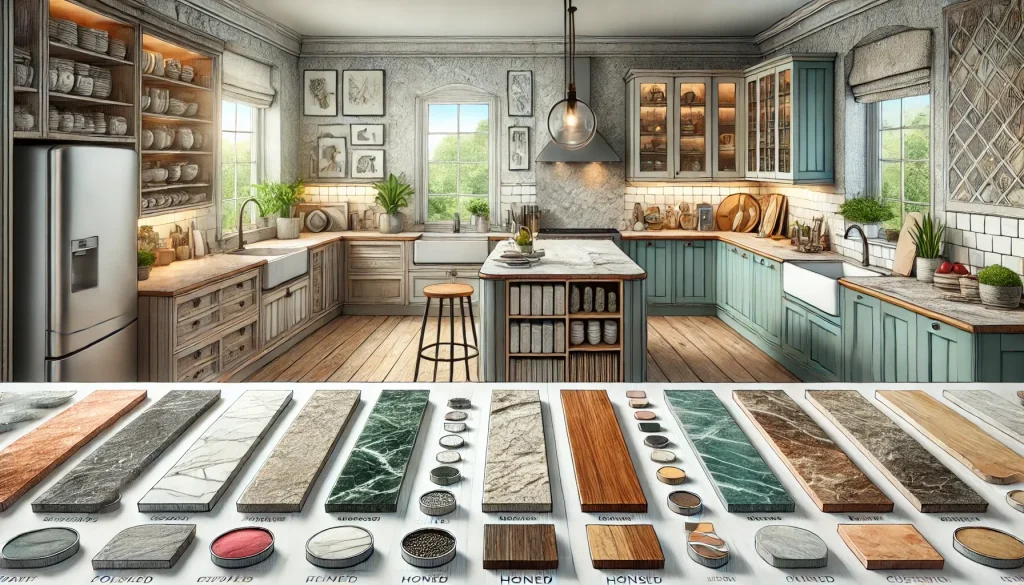 illustration showcasing customisation options for various worktop materials, featuring a sleek granite worktop, a classic marble worktop, and a rustic wooden worktop, each with different finishes and custom edge profiles. The variety of colours, patterns, and textures are highlighted around the worktops to emphasise the customisation possibilities.