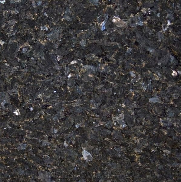 Emerald Pearl Granite has a green base colour with silver and white flecks throughout.