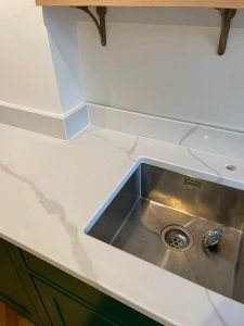 Statuario Venato Silkstone Quartz Worktops and polished sink cut-out