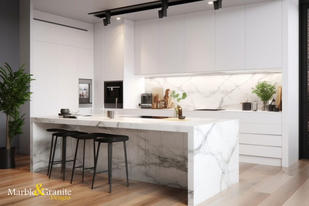 Marble worktops in a modern kitchen installation with wood flooring