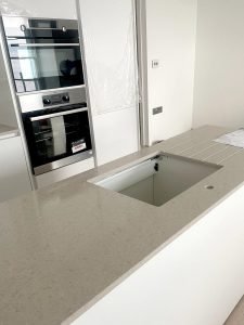 Hob cutout in Cendre Unistone Worktop Kitchen Island