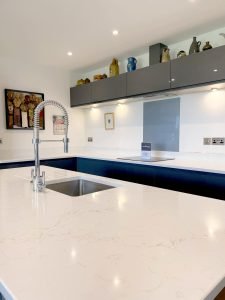 Misterio Gold Unistone kitchen island and perimeter worktops installation