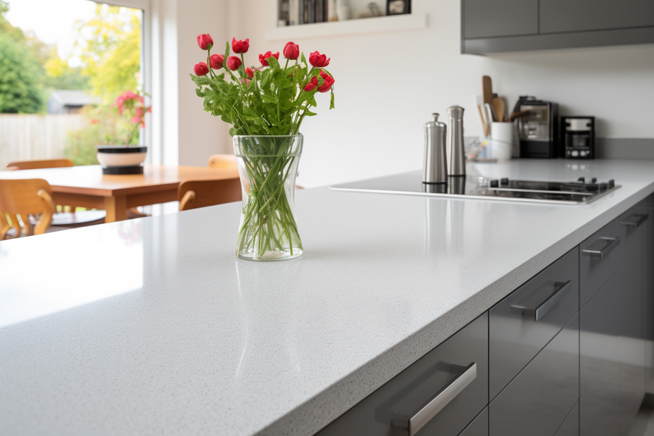 Solid-colour worktops like this close-up shot of a white quartz worktop provide a smiple yet elegant aesthetic that reflects light and brightens the kitchen.
