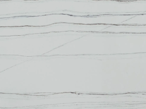 Fine-grained white quartz compound stone with rather straight dark grey veins spread over the surface - Mont Blanc Unistone swatch