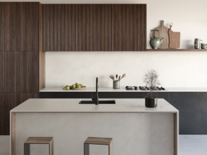 Dekton Albarium thin kitchen worksurface and kitchen island cladding in a modern kitchen roomshot.