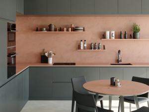 terracotta-coloured concrete-effect Dekton Umber wall cladding and kitchen worktop in a modern kitchen setting with dark grey cabinets.