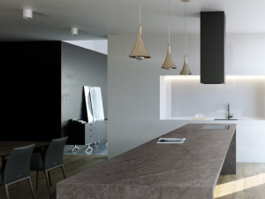 Dekton Kira kitchen island - grey stone-effect slimline surface - in a white and grey minimalist modern kitchen setting