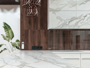 Dekton Morpheus white marble-effect kitchen worktops and cabinet doors.