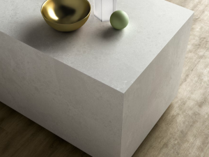 Overhead view of a silestone nolita kitchen island with fully clad sides on a wooden floor