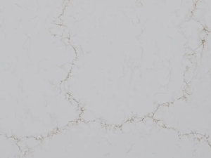 Fine-grained white-grey quartz compound stone with vague darker brown-grey veins spread over the surface - Misterio Gold Unistone swatch.