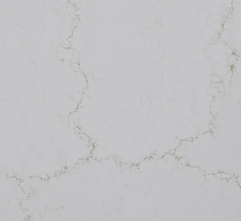 Fine-grained white-grey quartz compound stone with vague darker brown-grey veins spread over the surface - Misterio Gold Unistone swatch.