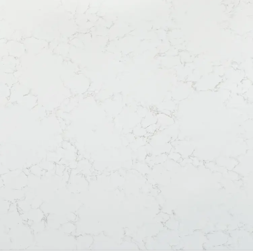 Fine-grained white quartz compound stone with vague darker grey (wide) veins spread over the surface - Arabescato Vagli Unistone swatch