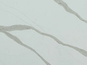 Fine-grained white quartz compound stone with darker grey (wide) veins spread over the surface - Arabescato Unistone swatch