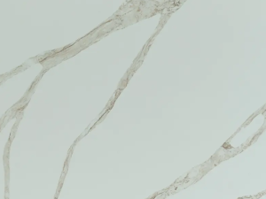 Fine-grained white quartz compound stone with brownish (wide) veins spread over the surface - Calacatta Vagli Oro Unistone swatch
