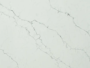 Fine-grained white quartz compound stone with dark grey veins spread over the surface - Carrara Venatino Unistone swatch