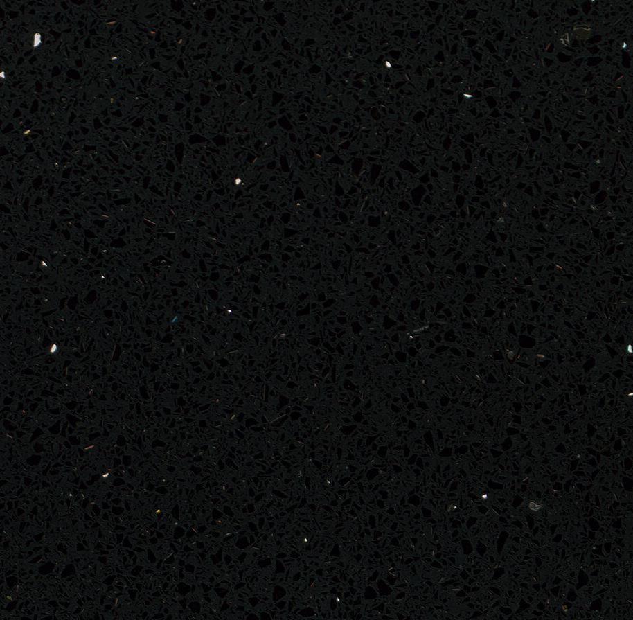Black granular quartz surface with reflective mirror fragments - Technistone Starlight Black swatch