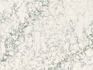 Dynamic Veined White Polished Mineral Worktop swatch. A swirling galaxy of dynamic grey stripes and speckles that span across a crisp white surface, capturing a complex composition of minerals in a delicate interlacing of jade and copper that threads through this impressive stone.