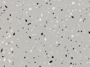 light grey quartz surface with white and black fragments throughout - Diresco Terrazzo Crea Light swatch
