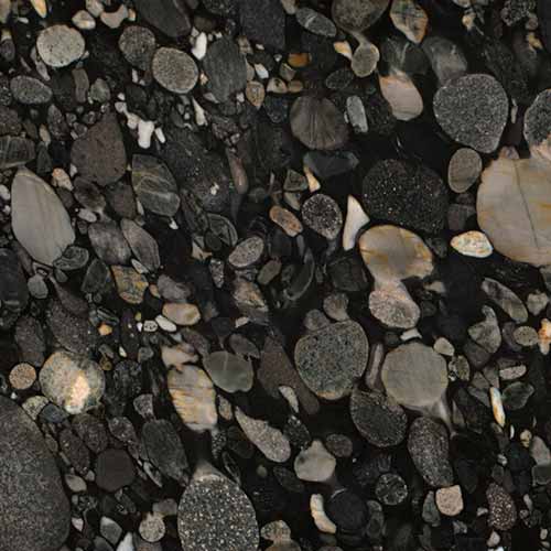 Nero Marinace granite swatch (black base with grey pebble slices like a river bed) aka Black Marinace or Riverbed Granite
