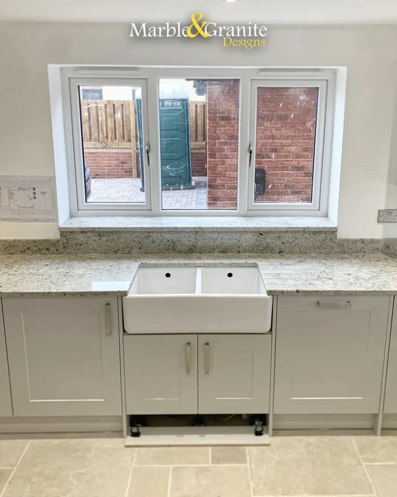Belfast sink cutout, drainage grooves, 100mm upstands and custom window sill