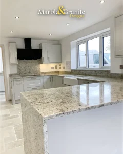 In focus: the beautiful Colonial White granite worktop and waterfall end panel