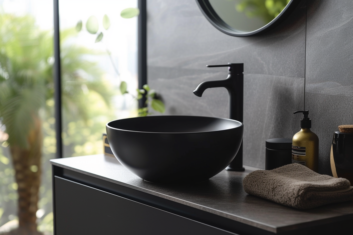 Dekton Bathroom Vanity unit in a sleek, modern bathroom setting with large windows in background of a close-cropped photo. In the foreground is an oval basin with upright mixer tap on a vanity top, all in dark grey colour.