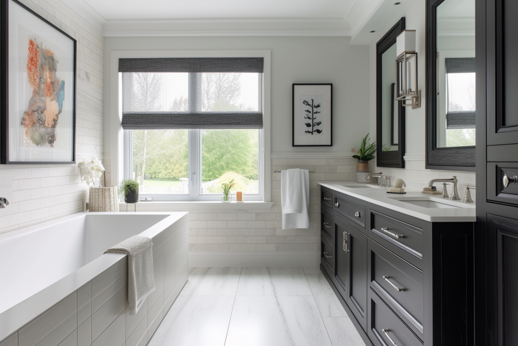 A quartz bathroom vanity in a modern bathroom