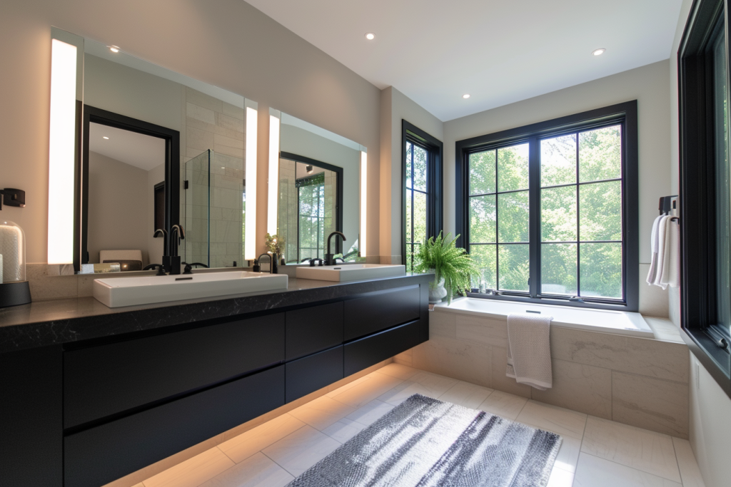 A grey quartz bathroom worktop in a modern bathroom