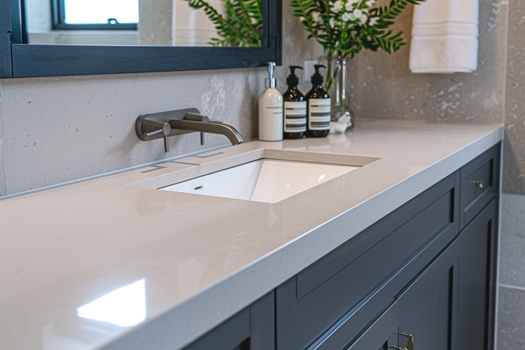 A light grey quartz worktop for a bathroom countertop