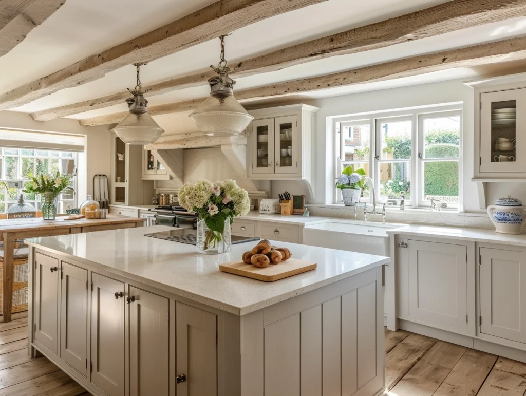 Herefordshire Stone Suppliers MGD | Kitchen Worktops and more like this beautiful quartz worktop and island, white worktops with matching farmhouse style cabinets in a traditional kitchen roomshot.