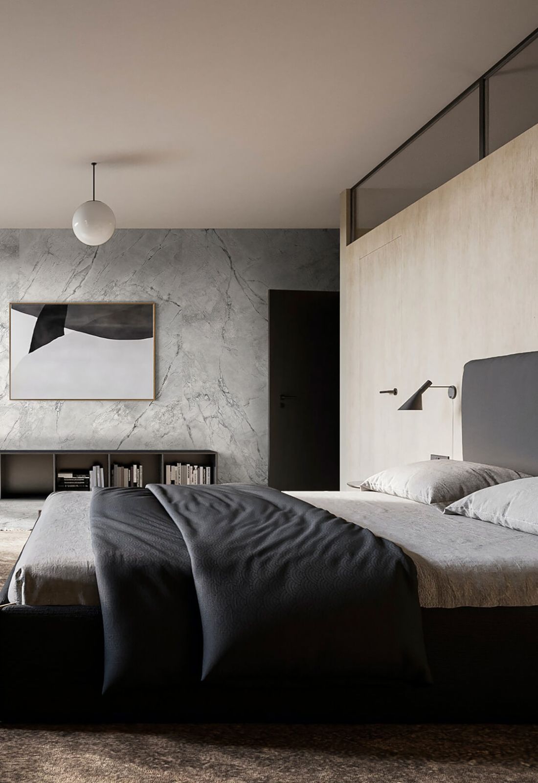 Neolith Alexandra bedroom wall cladding in the background of a modern upscale bedroom with king size bed side-on in the foreground