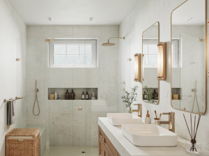 Dekton Laguna roomshot - modern bathroom with twin basins and walk-in shower