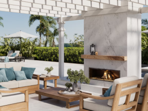 Dekton Marina outdoor patio shot with the material used as cladding for an outdoor fireplace.