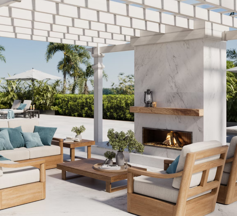 Dekton Marina outdoor patio shot with the material used as cladding for an outdoor fireplace.