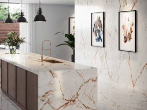 Dekton Reverie kitchen worktop and wall cladding in light and airy modern kitchen.