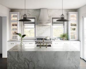 Dekton Bergen roomshot featuring the grey and white marble-effect kitchen island in a modern kitchen setting.