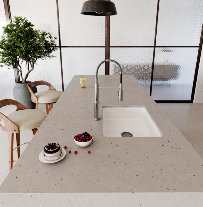 Silestone Concrete Pulse roomshot featuring japanese-style kitchen island with undermount sink in white and a chrome mixer tap.