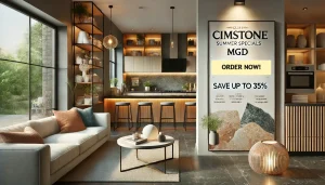 Cimstone Summer Specials ad featuring poster on wall surrounded by sleek, modern kitchen showroom.