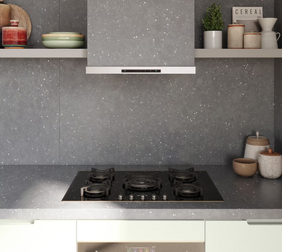 Silestone Ffrom 02 grey kitchen worktop and splashback with integrated gas hob. A stone-effect, low-silica worktop from Cosentino.