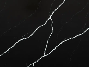 Fine-grained black quartz compound stone with white veins spread over the surface - Nero Marquina Unistone swatch