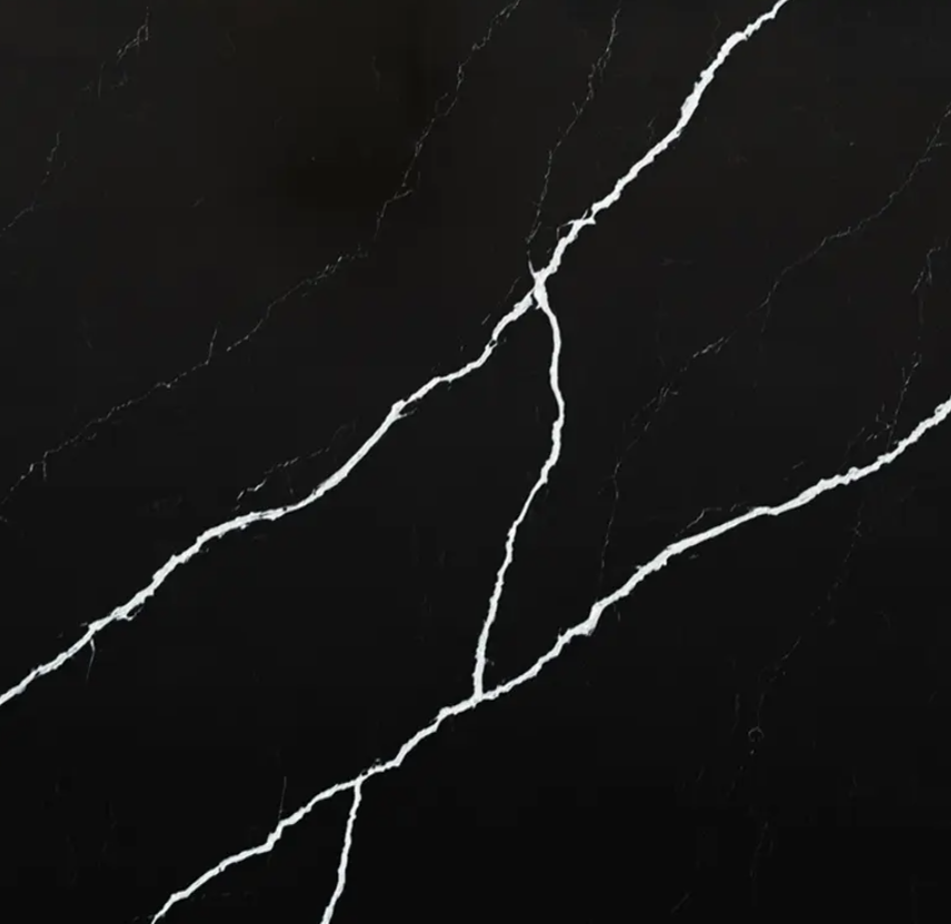 Fine-grained black quartz compound stone with white veins spread over the surface - Nero Marquina Unistone swatch
