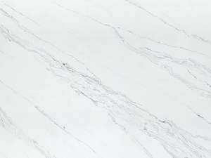 Cimstone Pallisandro swatch. White quartz surface swatch with grey veining patterns resembling natural marble.