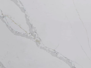 Cimstone Calacatta Vicenza - White quartz surface swatch with prominent grey veining and subtle gold accents, resembling natural marble.